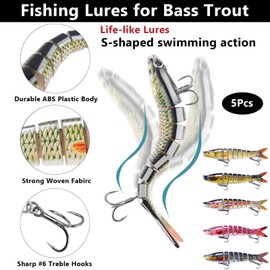 Fishing Lures Pike and Perch 5PCS Fishing Lures for Bass Trout Pikes Fish Lure Lifelike Pike Swimbait for Freshwater and Saltwater Multi Jointed Segmented Trout Bait with Hooks Slow Sinking (C)