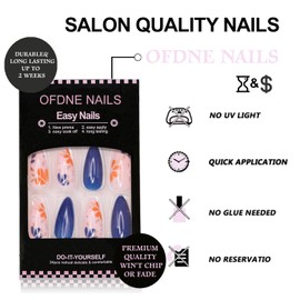 Flower Press on Nails Medium Almond OFDNE Dark Blue Fake Nails False Nails with Designs Cute Floral Full Cover Glossy Glue on Nails Spring Summer Acrylic Nails for Women Girls 24 Pcs