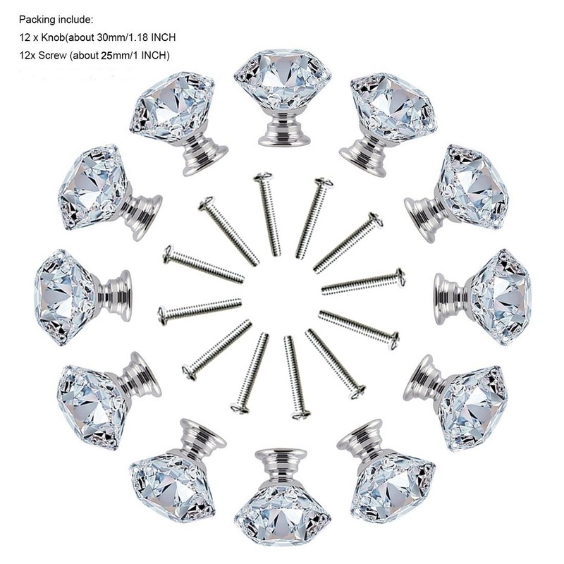 FENSING 12 Pcs 30MM Crystal Clear Cabinet Knobs Silver Diamond