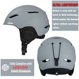 TurboSke Ski Helmet, Snowboard Helmet Snow Sports Helmet, Audio Compatible and Lightweight, ASTM Standard Helmet for Men, Women and Youth (M, Gray)