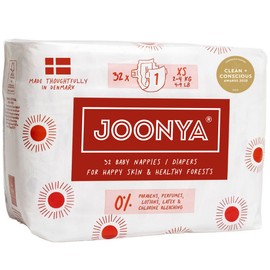 Joonya Baby Diapers, Size 1 XS (4-9 lb) - 1 Bag of 32 - New Range - NonToxic, Eco-Friendly, Ultra Slim, Overnight Use - Made in Denmark