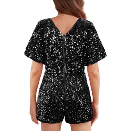 MANER Women’s Sequin Romper Sparkly Short Jumpsuit Party Concert Outfit With Flutter Sleeve (Black, X-Large)