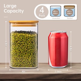 HomArtist Square Glass Jars with Bamboo Lids, 42oz 4 Pack Glass Pantry Storage Containers with Lids, Glass Canisters with Airtight Lids, Glass Food Storage Containers for Flour Sugar Pasta Cereal