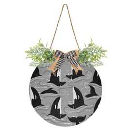 Oyihfvs Killer Whales Seamless Vintage Style Door Hanging Sign, 12" Merry Christmas Front Plaque Board Round Wreath for Daily Holiday Welcome Home Garden Yard Wall Pediments