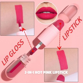 LYNTYAOU Hot Pink Lipstick, Matte Lip Gloss, Double-Ended Bright Red Lip Balm Lip Tinted, Glossy 2 in 1 Liquid Lipstick, Hydrating Lipgloss Makeup, Waterproof Pink Lip Stain, Gift for Women