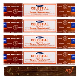 Original Satya Nag Champa Celestial Incense Sticks | with M&J incense sticks holder | x4 pack | for Aromatherapy, Spa, Yoga, Weddings, Meditation, Healing, Positivity and Relaxation