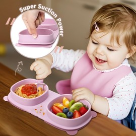 yahaa Toddler Plates Travel Essential on the go,Novelty Baby Plates with Suction - Forks & Spoons Self Feeding 6 months,Foldable,Silicone,BPA Free,Purple