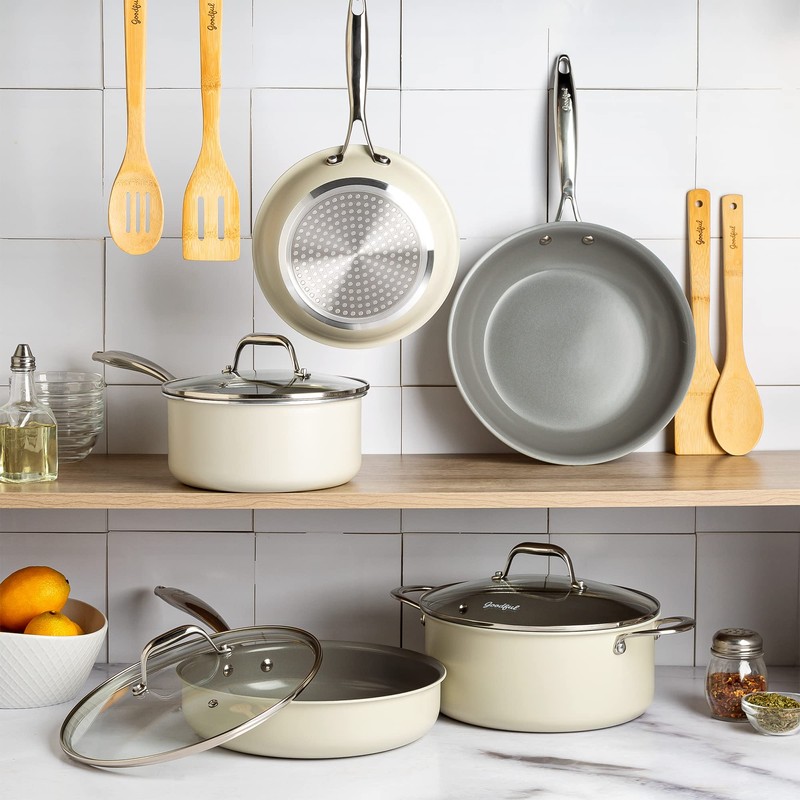 Goodful Ceramic Nonstick Pots and Pans Set, Titanium-Reinforced Premium Nonstick