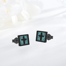 Square Turquoise Earrings 925 Sterling Silver Black Cross Stud Earrings Western Native Jewelry Gift for Men Women, /, Sterling Silver, Turquoise