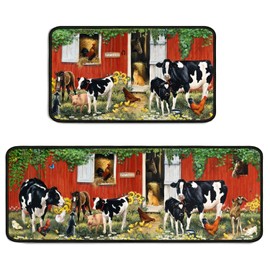 Sunopas Farmhouse Rustic Cow Kitchen Rug 2 Pieces Set, Washable Non-Slip Kitchen Sink Rustic Decor Carpet, Home Water Absorb Microfiber Cushioned Kitchen Floor Standing Mats 17"x47"+17"x30"