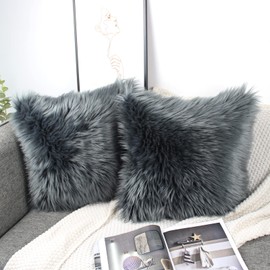 OYIMUA Dark Grey 16 x 16 Cushion Covers Pack of 2 Fluffy Soft Faux Fur Square Pillowcases, Luxury Home Decorative Fuzzy Pillow Covers Case 40cm x 40cm for Sofa Bed Living Room