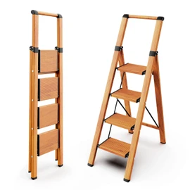 WOA WOA 4 Step Ladder, Ladders for Home, Anti-Slip Pedals, Aluminum Step Stool Foldable, Lightweight to Move, Ease of Storage, Reach 9ft for Closet Kitchen Library, Hold 300lbs - Wood Grain