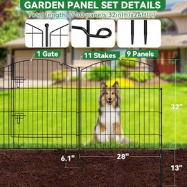 No Dig Decorative Garden Fence with Gate 32in (H) x 24ft (L), 9 Panels + 1 Gate +11 Stakes, Temporary Dog Fencing Outdoor, Rustproof Metal Arched Animal Barrier for Yard, Patio, Flower Bed, Landscape