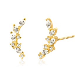 Sterling Silver Stud Earrings Leaf Earrings Gold Climber Earrings for Women Small Earrings with Cubic Zirconia Hypoallergenic Earrings Sterling Silver Jewellery Gifts for Women