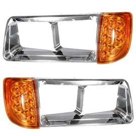 Partsam Pair Headlight Bezel with Amber LED Turn Signal Light 3 Wire Compatible With 1989-2002 Freightliner FLD Truck Replacement For A06-20738-000 A06-20738-001