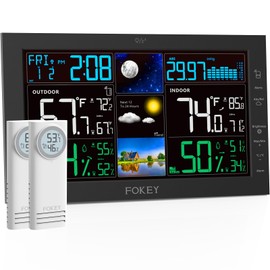 FOKEY Weather Station Wireless Indoor Outdoor, Indoor Outdoor Thermometer Wireless, Home Atomic Clock Weather Stations, Temperature Humidity Barometer Inside Outside Thermometers, Black with 2 Sensors
