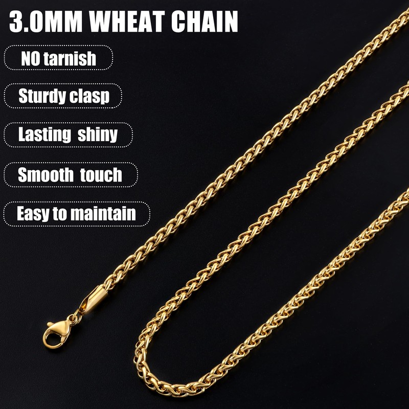 Fiusem 14K Gold Plated Wheat Chain Necklace for Men, 3mm