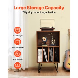 VEVOR Record Player Stand, 3 Tiers Turntable Stand with Record Storage, Vinyl Record Storage Cabinet with Metal Legs for Bedroom, Living Room, Brown
