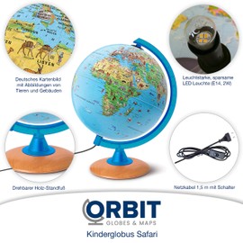 Kinderleuchtglobus 25 cm with Multiple Images Light Wooden Stand, Meridian Blue, Ger – with LED Lamp