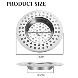 Stainless Steel Kitchen Sink Strainer Plug, Standard Strainer Drain Protector Hair/Food Catcher for Bathroom, Kitchen, Shower (External Diameter 7.6cm, Inner Diameter 4.5cm, Pack of 2)