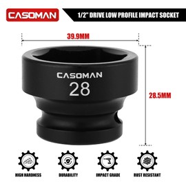 CASOMAN 1/2" Drive 28mm Stubby Impact Socket Set, 6-Point, 1.1" Length, CR-MO, Metric