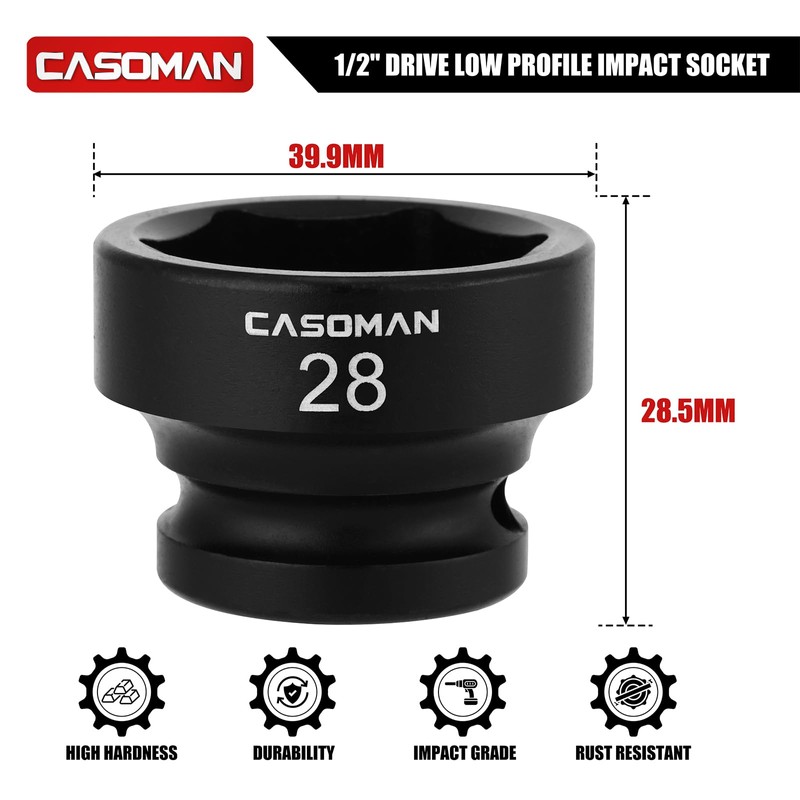 CASOMAN 1/2" Drive 28mm Stubby Impact Socket Set, 6-Point, 1.1"