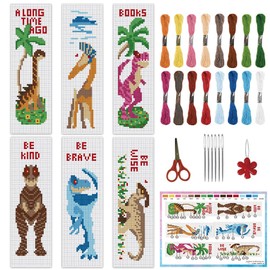 INFUNLY 6 Set Cross Stitch Bookmark Kit Dinosaurs DIY Cross Stitch Kit 8"x2.4" Pre-Printed Tyrannosaurus Stamped Embroidery Bookmark with Instruction Cross Stitch Kits for Beginners Book Lovers Gifts