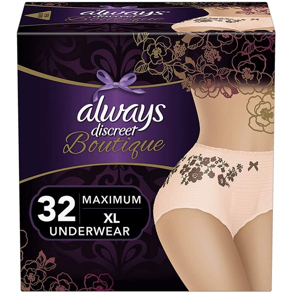Always Discreet Boutique Incontinence & Postpartum Underwear for Women, Disposable, Maximum Protection, Peach, X-Large, 16 Count - Pack of 2 (32 Count Total)