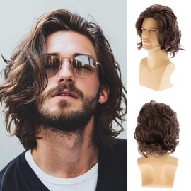Short Wavy Brown Wigs for Men Natural Layered Cosplay Hair Wig
