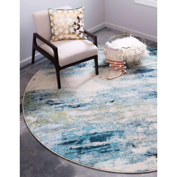 Unique Loom Chromatic Collection Abstract Modern Light Blue Round Rug