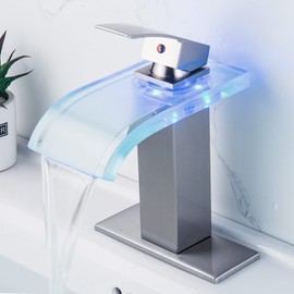 Y-Garhe LED Bathroom Faucet, Brushed Nickel Waterfall Bathroom Sink Faucet, 1 Hole, 4 Inch Centerset, Color-Changing LED Lights