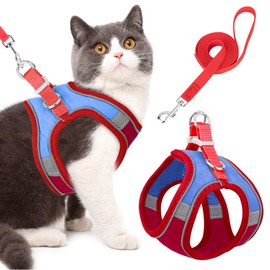 SlowTon Arnes Gato Antiescape, Ajustable Arnés con Correa 150CM para Gatos 1Kg-7.5Kg Mediano y Pequeño Grande, Reflectantes de Tela de Malla Suave y Transpirable para Caminar, Entrenar (Rojo-Azul, M)