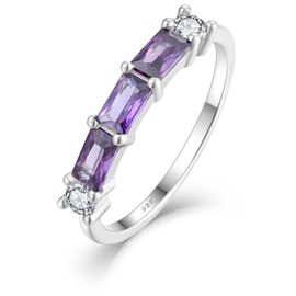YL Cushion Princess Emerald Cut Eternity Ring for Women, Solid Sterling Silver 18K White Gold Plated Rectangular Birthstone Stacking Bands Jewelry, 8, Sterling Silver, Created Amethyst