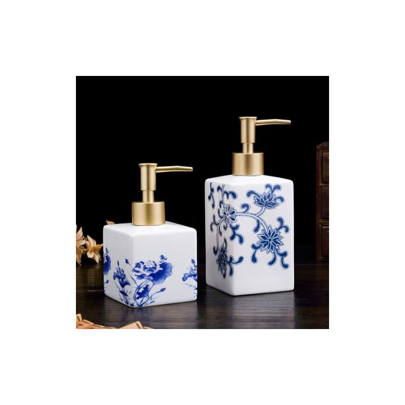 JHNIF Blue and White Porcelain Lotion Bottle with Gold Pump,