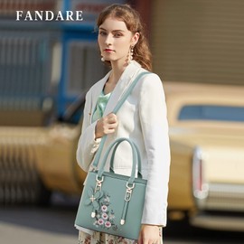 FANDARE Women's Handbag, Waterproof Tote Bag, Shoulder Bag, PU Leather, Embroidered Handbag for Travel, Shopping, Work, Green, Fashionable