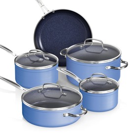 Nuwave Healthy Duralon Blue Ceramic Nonstick Coated 9pc Cookware Set, Scratch-Resistant Diamond Infused, PFAS Free, Induction Ready & Evenly Heats, Oven Safe, Tempered Glass Lids