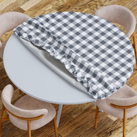 Sorfey Vinyl Round Fitted Tablecloth Cover, Checkered Design, Flannel Backed Lining 54 Inch, Gray