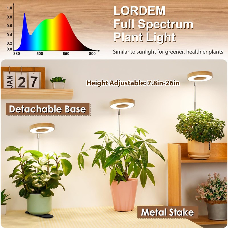 LORDEM Bamboo Base Desktop Grow Light, LED Plant Lamp with