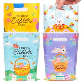 Easter Party Favor Bag, 50 Pieces Plastic Happy Easter Gift Bags 4 Designs Bunny Treat Bags with Handle for Easter Party Supplies(Multicolor)