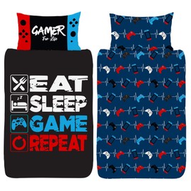 Gamer Single Duvet Cover - Eat Sleep Game Repeat Gaming Controller Design - Reversible Bedding Set - Polycotton