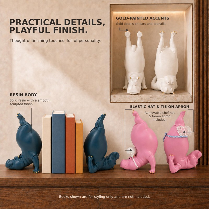 Hippo Bookends for Heavy Books, Decorative Bookends (Ocean Teal)