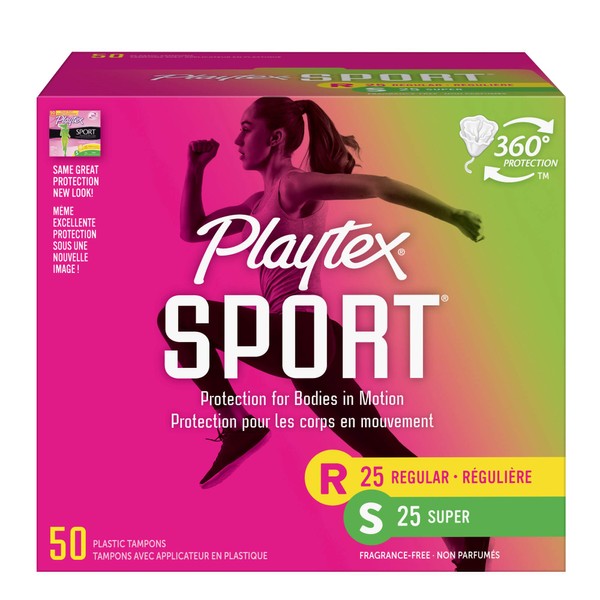 Playtex Sport Tampons with Flex-Fit Technology, Regular & Super Multi Pack, Unscented - 50Count