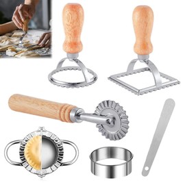 WADY Ravioli Stamp Maker Cutter with Roller Wheel Set of 6, Press Kitchen Attachment, Stainless Steel Ravioli Lasagna Cutters with Wooden Handles, Kitchen DIY Gift