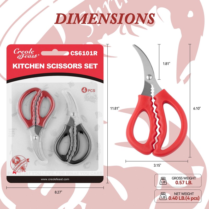 Creole Feast CS6101R 4-Piece Seafood Scissors Set, Multifunctional Stainless Steel