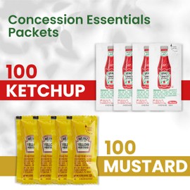 Concession Essentials Ketchup and Mustard Packets, 200 Count, 100 Each Flavor, 0.2-0.3 Oz with 5 Wooden Spreaders