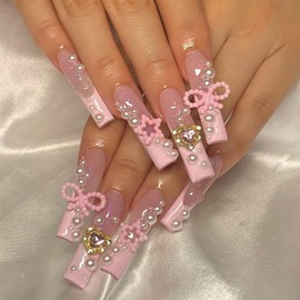 FOXIIU Press on Nails Coffin Long Length Glossy Full Cover Acrylic Coffin Shape Pink French False Nails with Charms Artificial Square Fake Nails with Gems Designs Stick on Fingernails for Women Girls