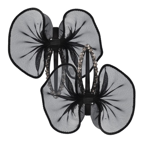 Ipetboom 2pcs Rhinestone Bow Hair Clips Black Tulle Duckbill Claw