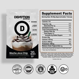 Devotion Nutrition Protein Powder Blend | Gluten Free, Keto Friendly, No Added Sugars | 1g MCT | 20g Whey & Micellar Protein | 12 Single Serving Packets (Mocha Java Chip)