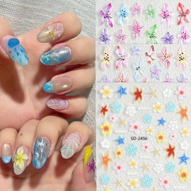 Flower Nail Stickers Self Adhesive Nail Art Stickers Colorful Nail Decals Hawaiian Floral Lily Starfish Design Summer Nails Sticker for Nails Art for Women DIY Salon Manicure Decoration 6 Sheets