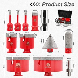 Diamond Core Drill Bit Set - FOCSTOL 12pcs Diamond Hole Saw Kit for Porcelain Tile Ceramic Marble Granite (6/6/8/20/35/50/75/100mm+20mm Finger Milling Bit+50mm Beveling Chamfer Bit+Hex+SDS)